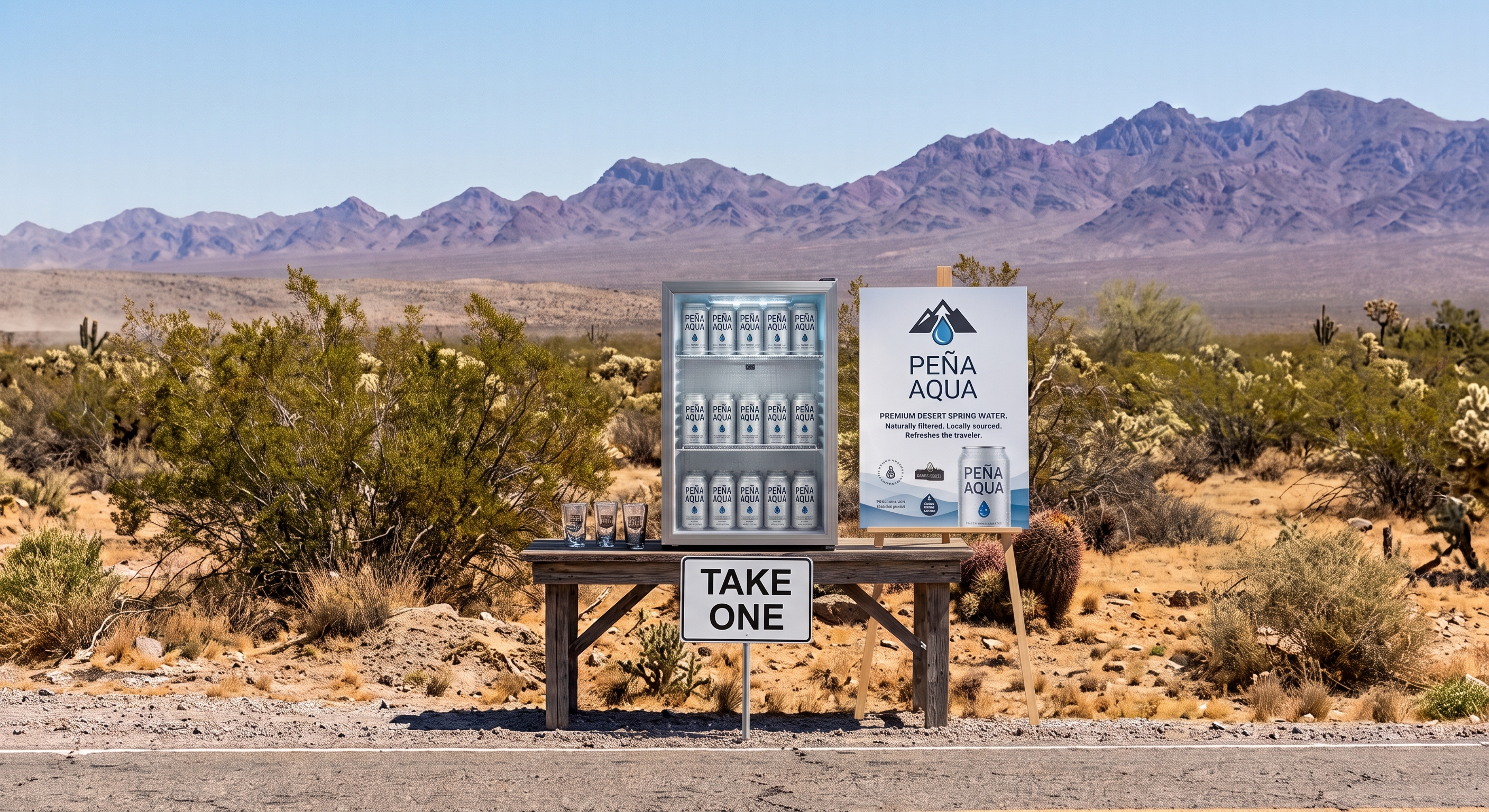 Peña Aqua campaign concept: a water display beside a desert road