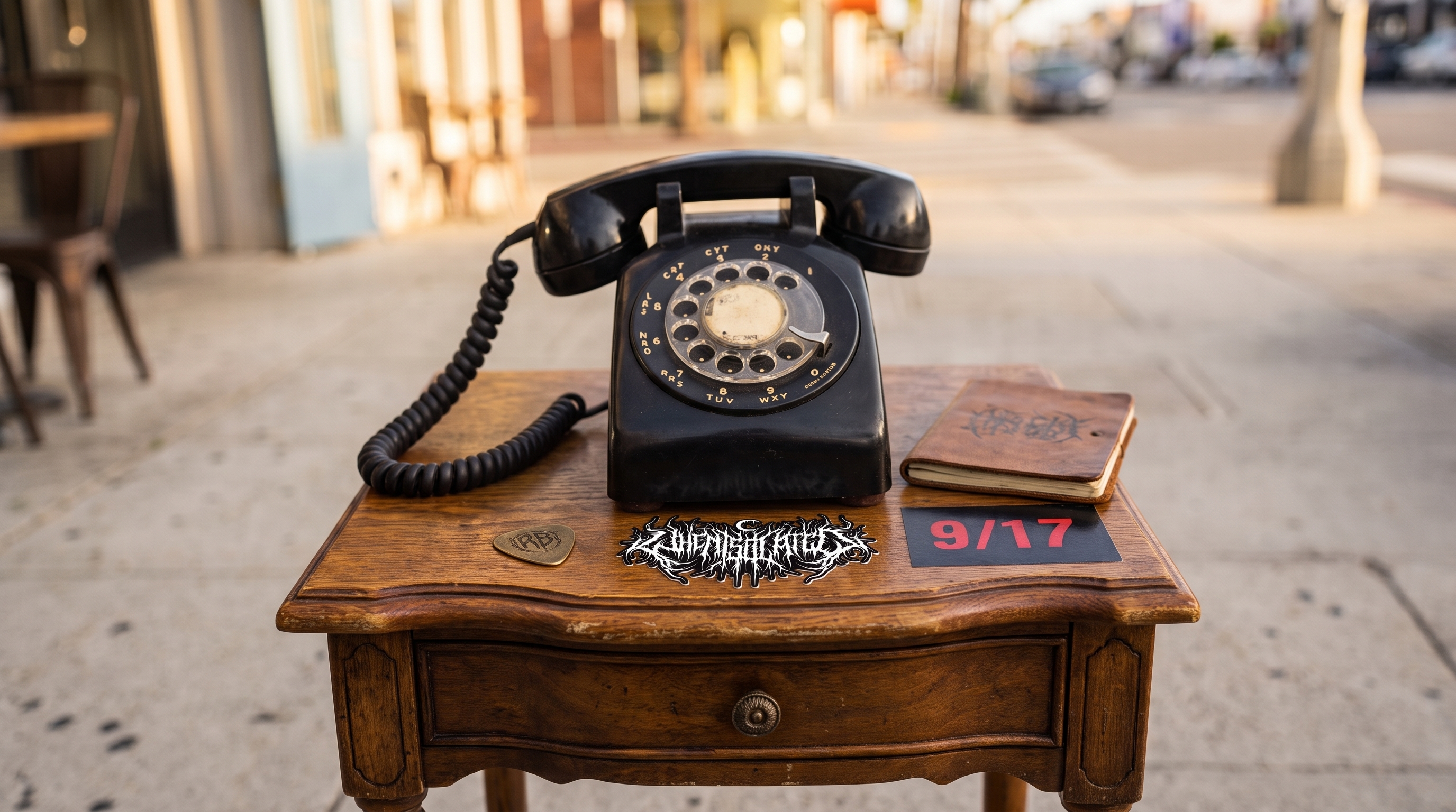 Campaign concept featuring a vintage rotary telephone, notebook, and guitar pick on a wooden table