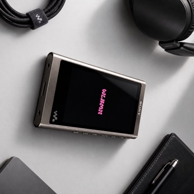 WLKMN Studio: a Sony Walkman at power-on showing the WLKMN logo