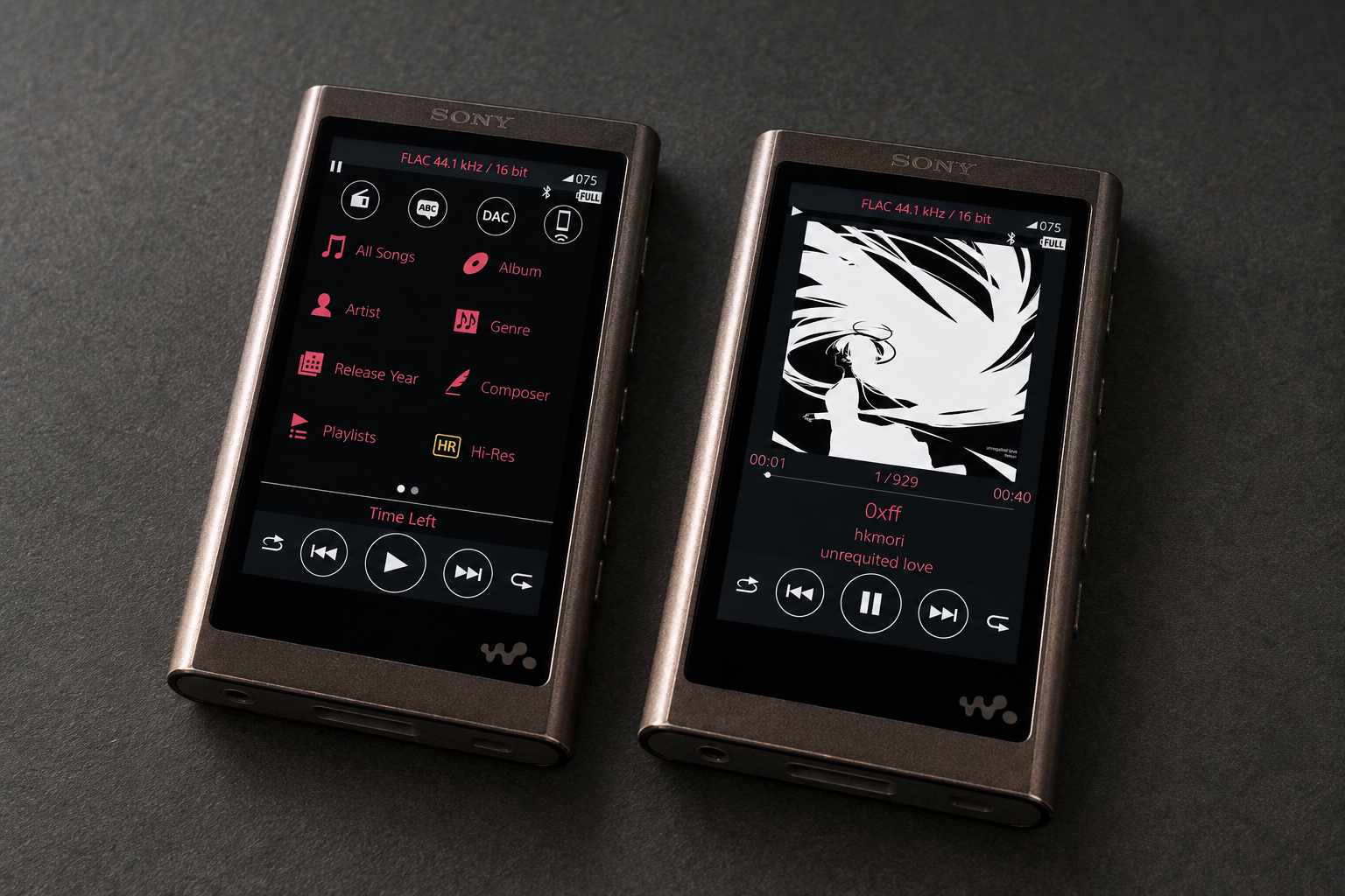 Two Sony Walkman players showing a customized library and now-playing screen